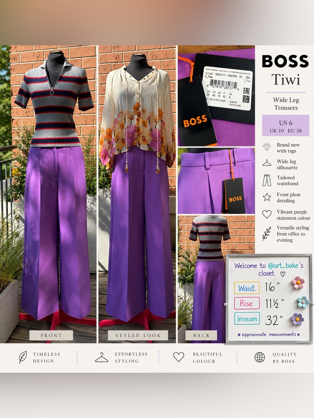 NWT BOSS Tiwi Purple Wide Leg High Waist Trousers US 6